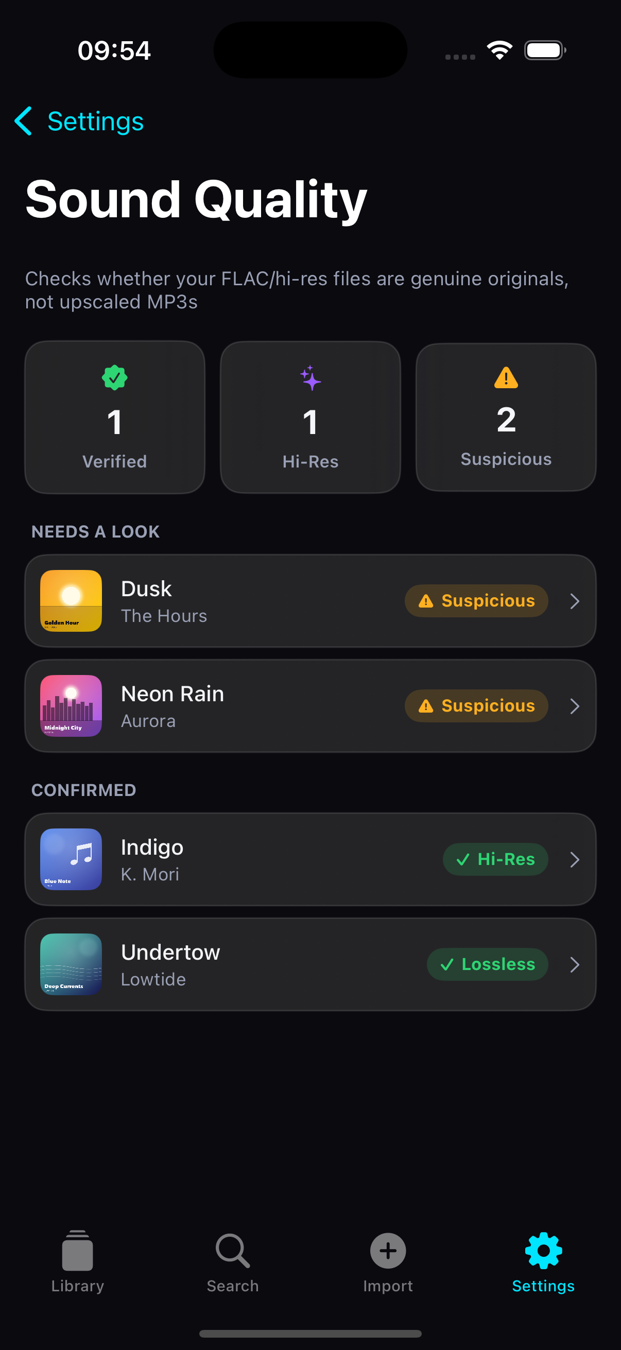 Lacquer Sound Quality screen — catches fake FLAC files