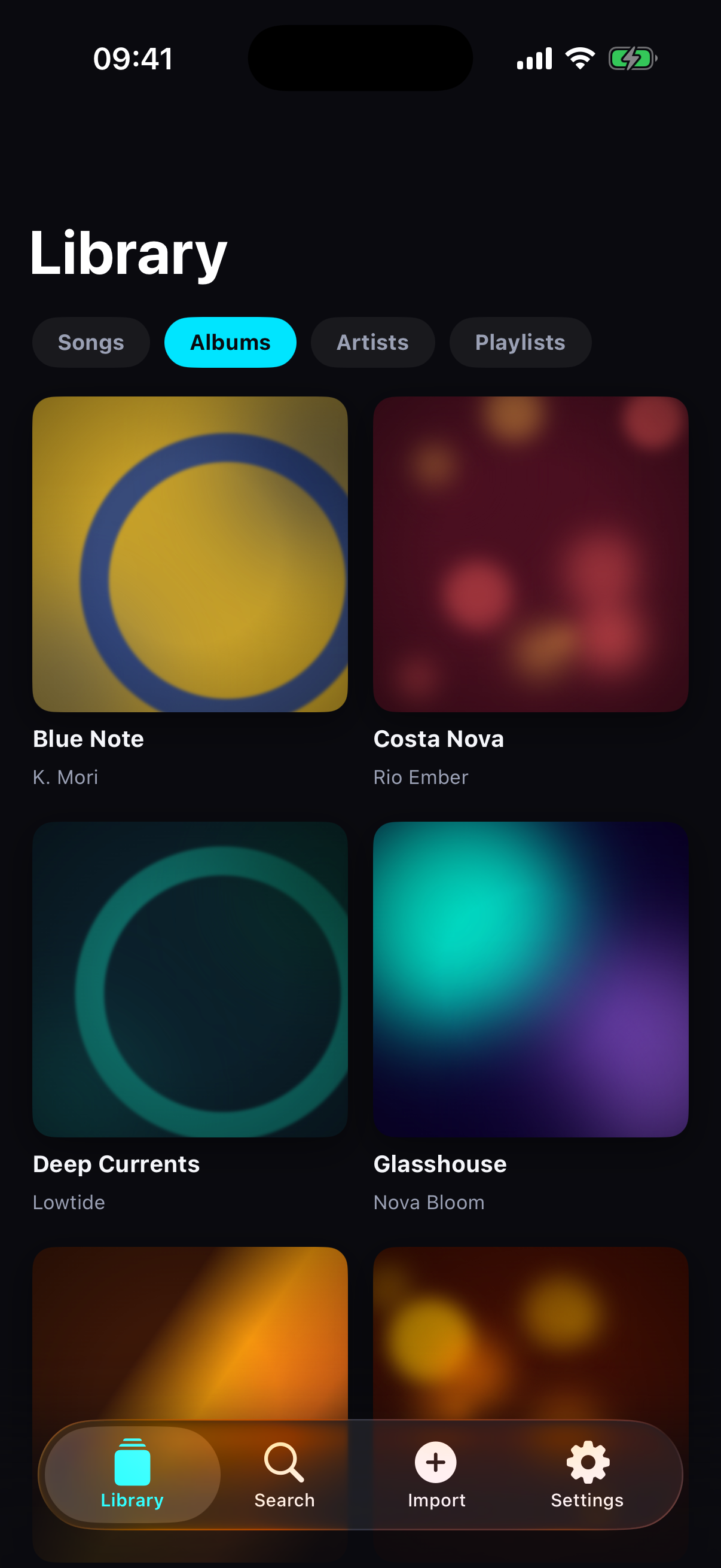 Crate album library screen with dynamic color from album art