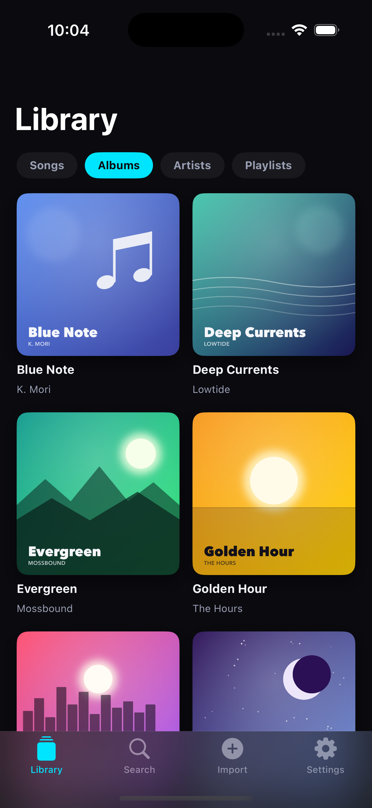 Lacquer album library screen with dynamic color from album art